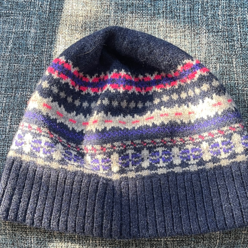 J. Crew wool Navy Knit Beanie with Colorful Patterns